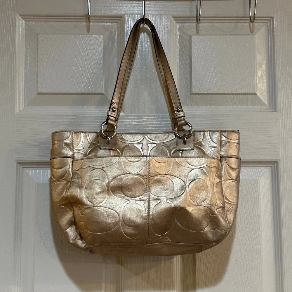 Coach Metallic Gold Leather Signature C‎ Embossed Tote Shoulder Bag Handbag
